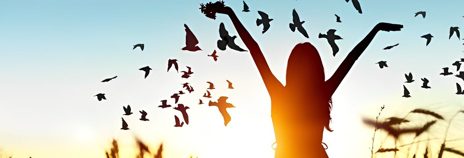 Mulher alegre olhando para ceu com varios passaros voando