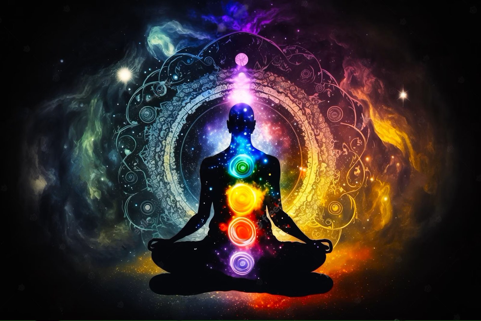 Homem sentado meditando com chacras e fluido universal no fundo